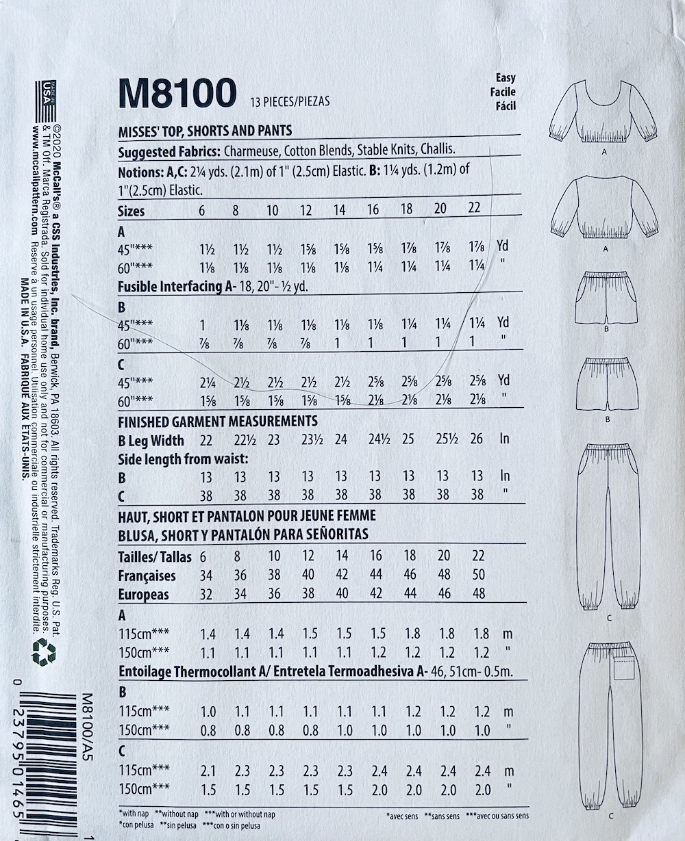 McCall's® Papierschnittmuster Damen Hose/Shorts/Oberteil A5(6-8-10-12-14)(32-34-36-38-40) M8100
