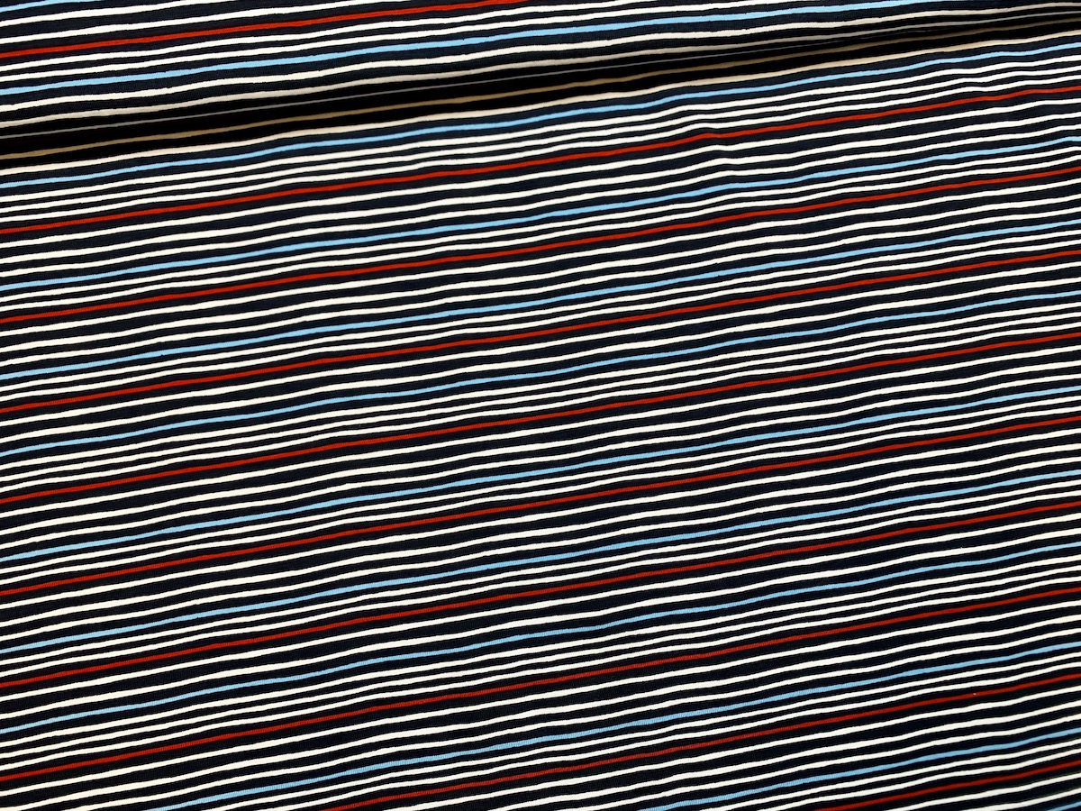 Baumwolljersey - Mini-Streifen dunkelblau/weiß/rot/hellblau - Meterware (10cm)
