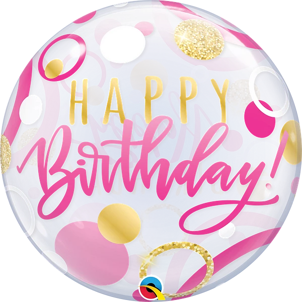 Bubble "Happy Birthday ", Pink & Gold Dots, transparent, 22"/56cm