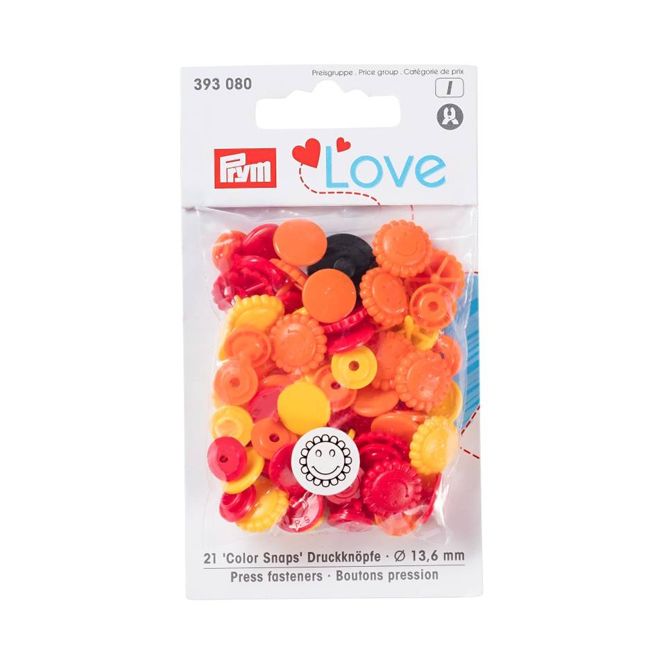 Druckknopf Color, Prym Love, Blume, 13,6mm, gelb/rot/orange, 21 Stk.