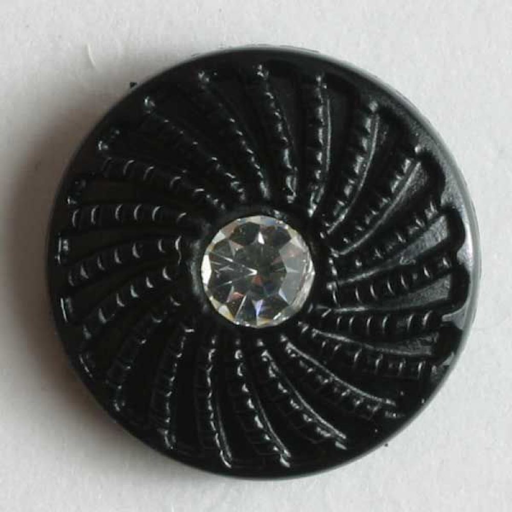Knopf mit fächerförmigem Muster, kleinem Straßstein und Öse - Größe: 11mm - Farbe: schwarz 