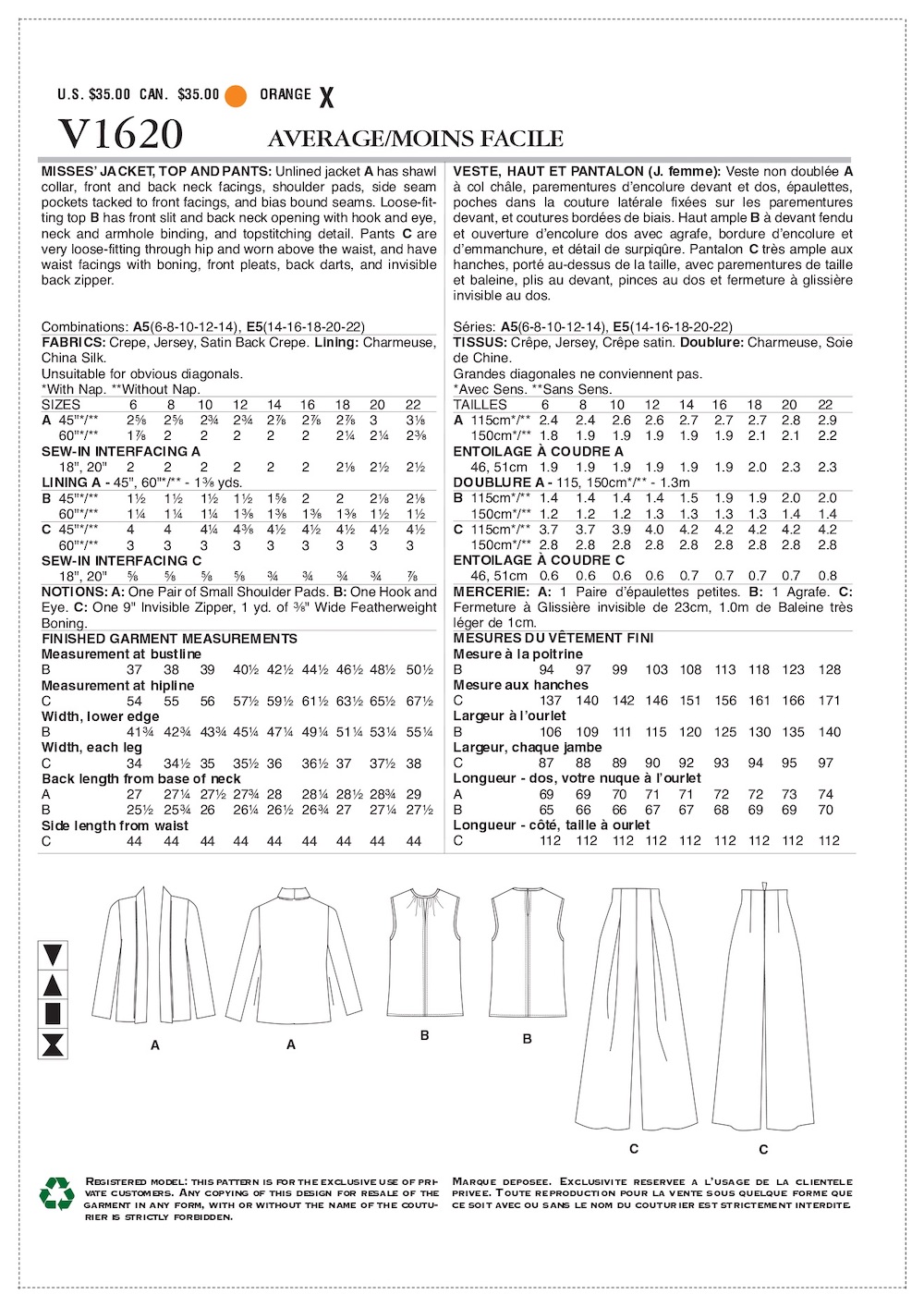 Vogue® Patterns Papierschnittmuster Damen Hose, Jacke & Oberteil V1620 (Tom And Linda Platt)