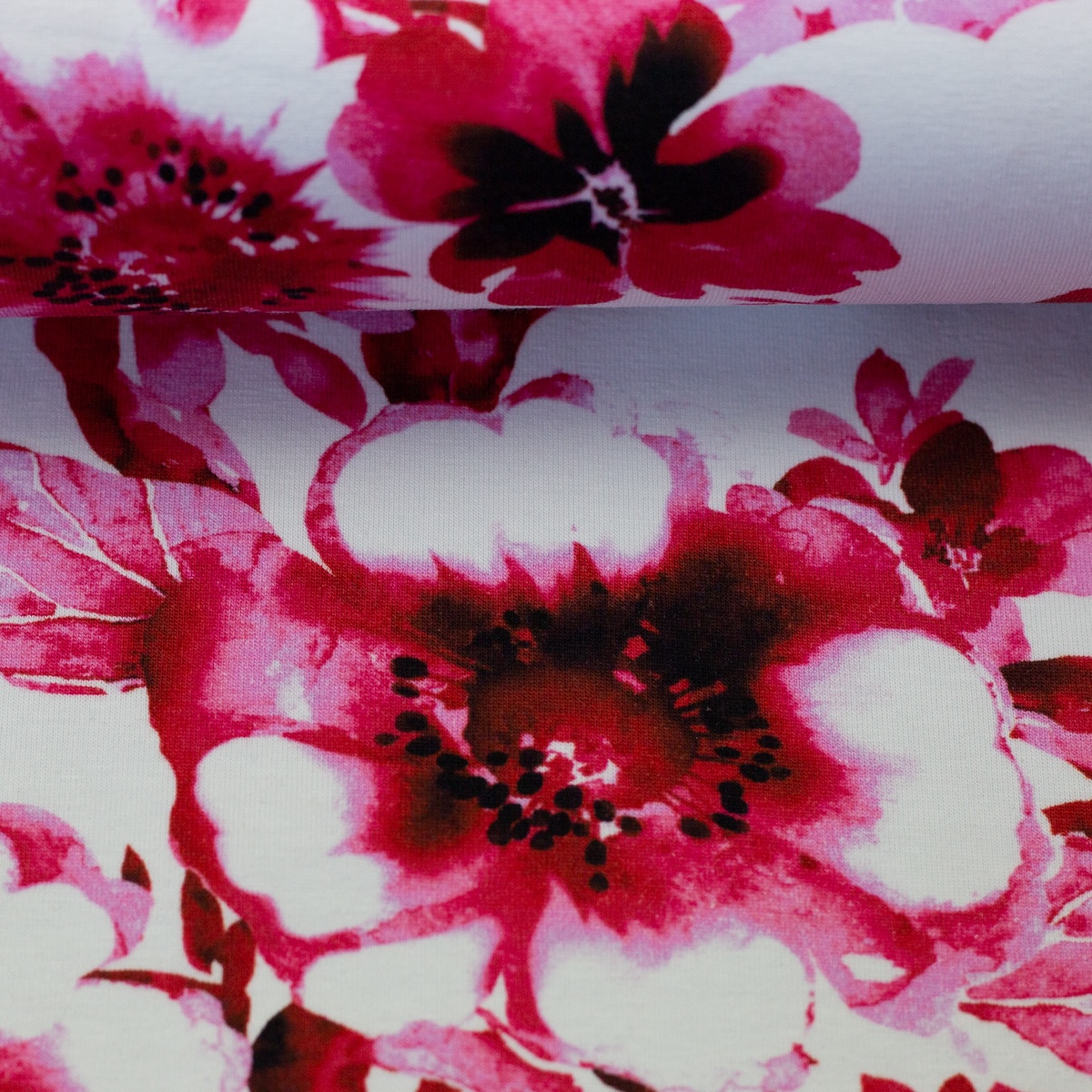 Baumwolljersey Madrid - Blumenmuster pink/weiß groß - Meterware (0,50m) 