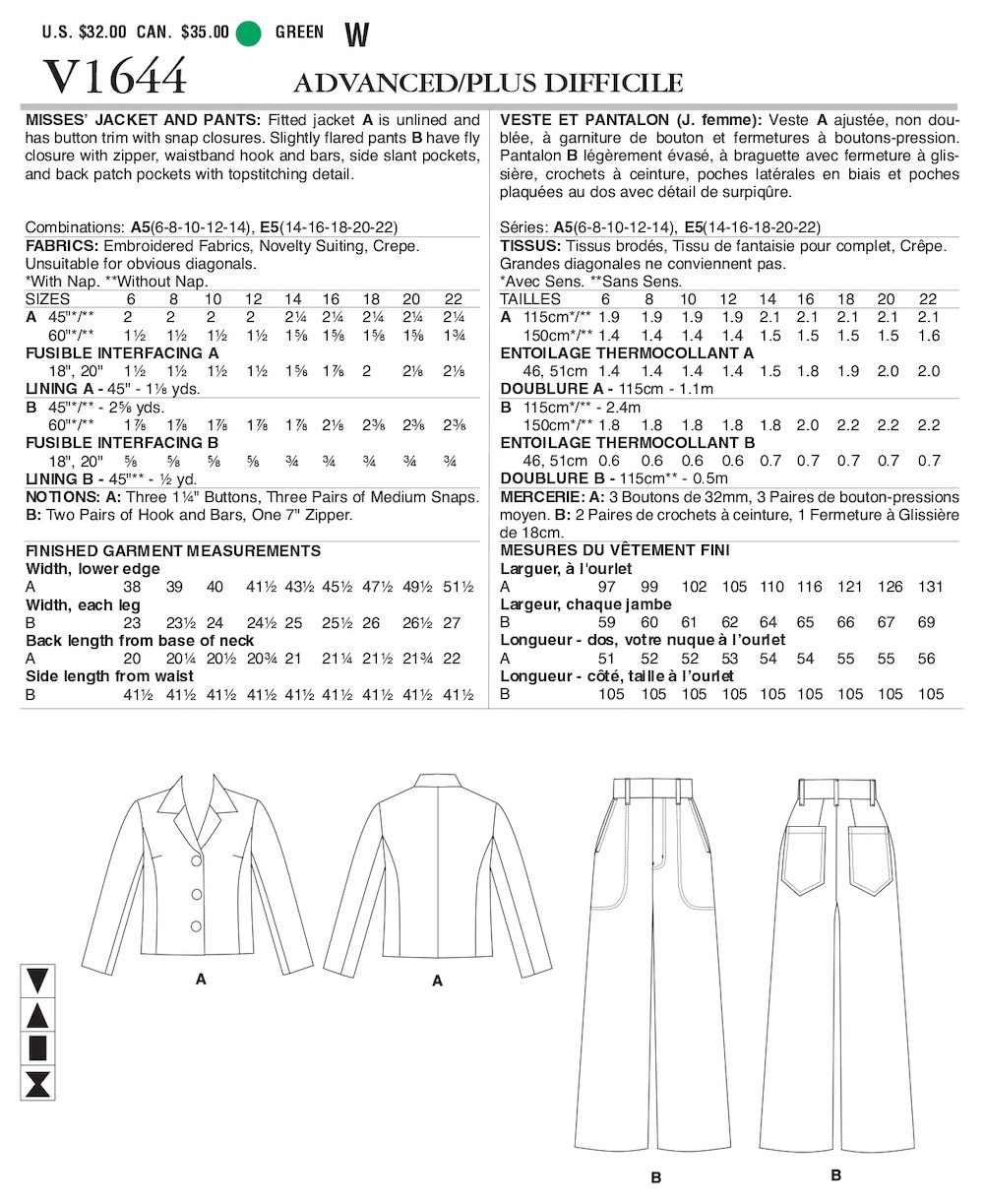 Vogue® Patterns Papierschnittmuster Damen Jacke & Hose V1644