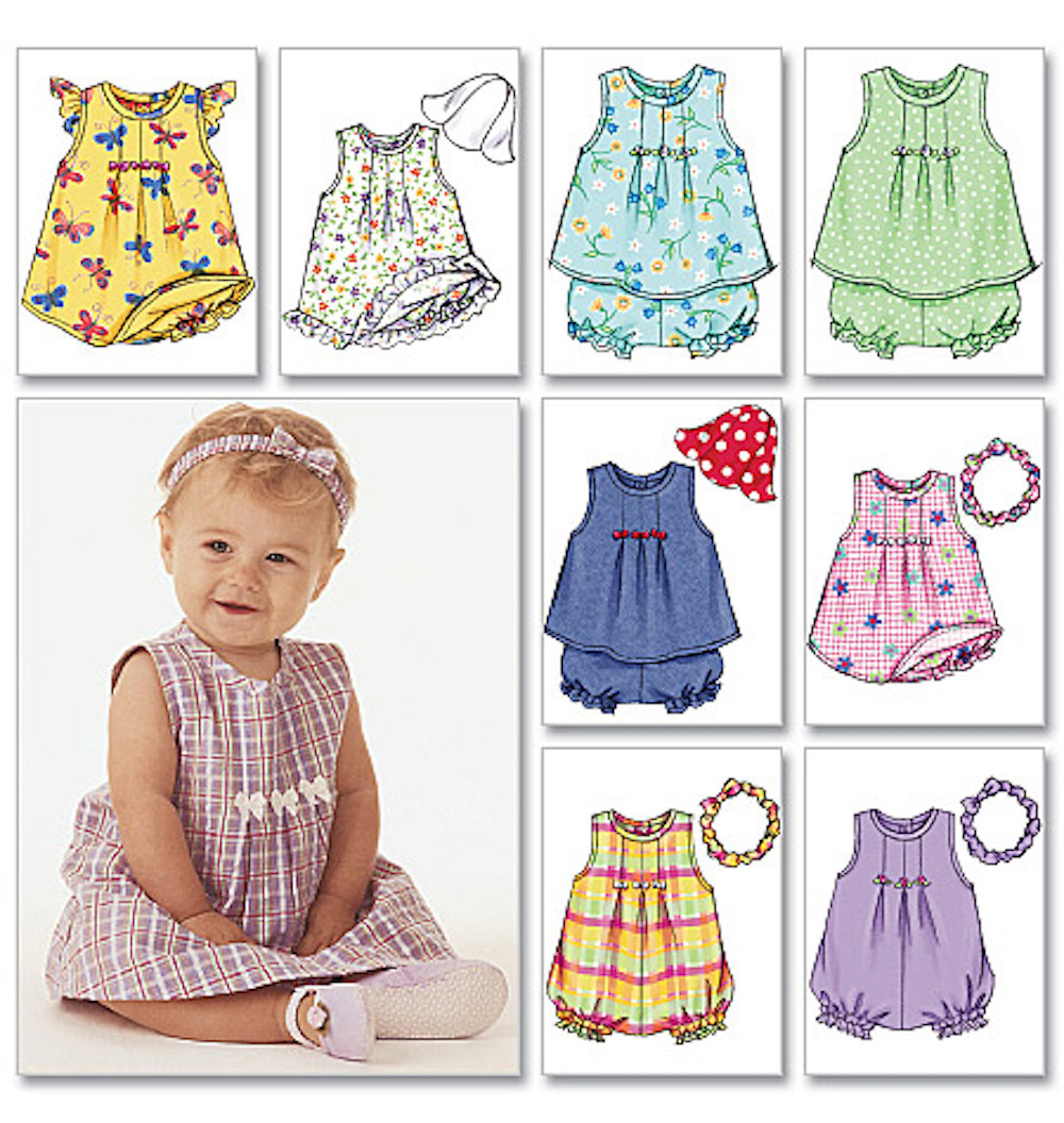 Butterick® Papierschnittmuster Baby Kleid/Hut/Anzug/Haarband B3405