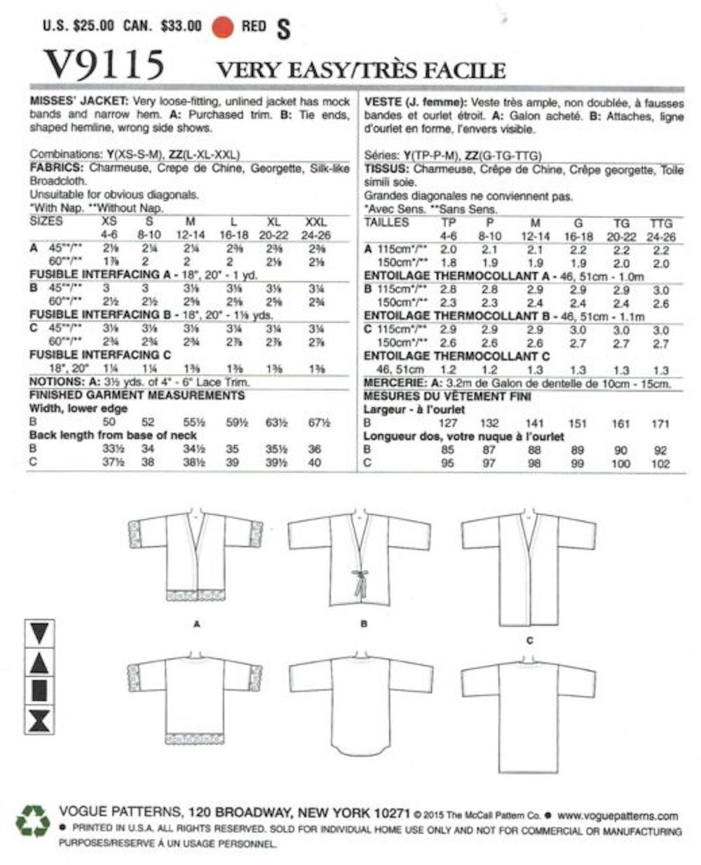 Vogue® Patterns Papierschnittmuster Jacke V9115, Größe ZZ