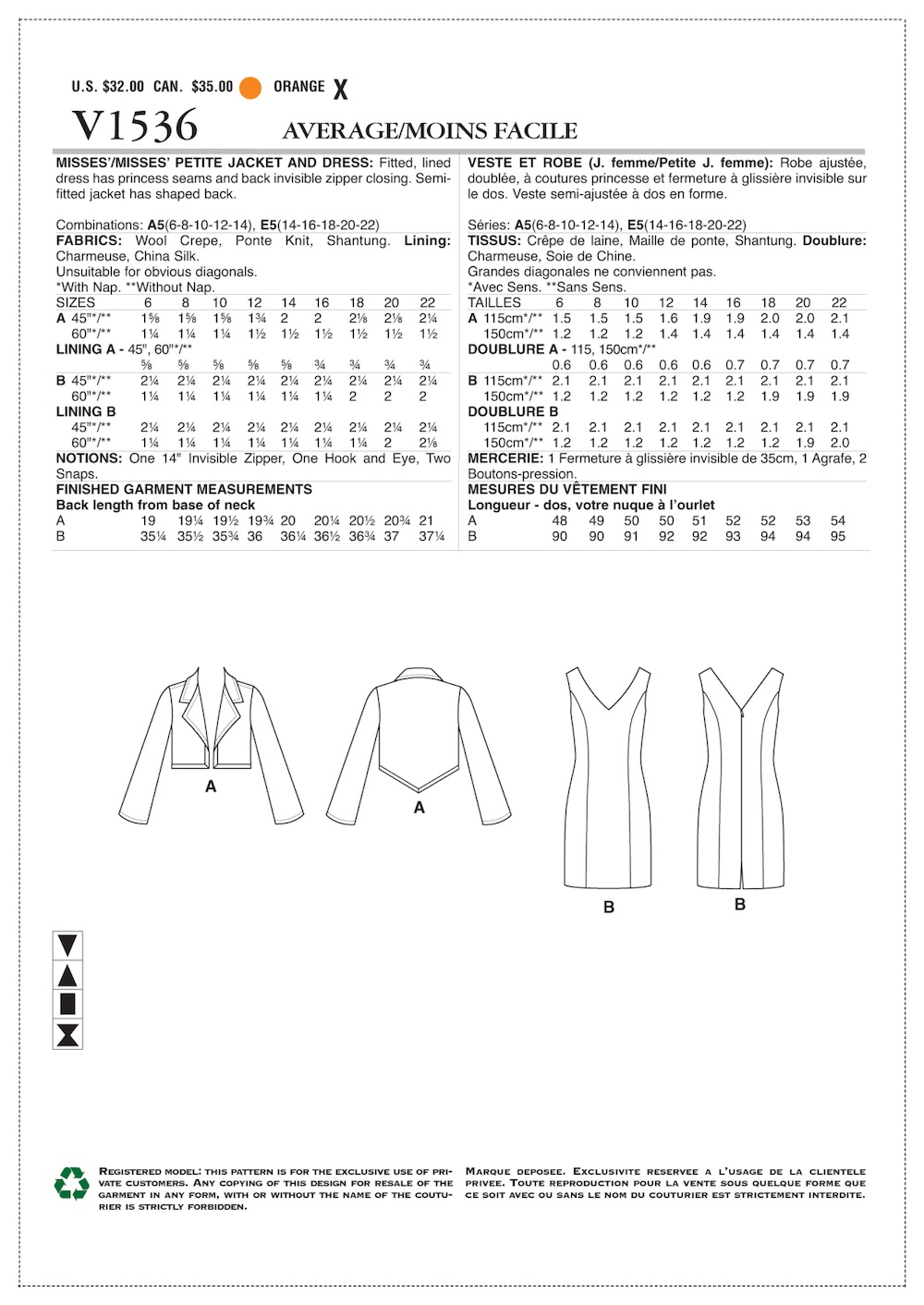 Vogue® Patterns Papierschnittmuster Damen Kostüm mit Jacke V1536