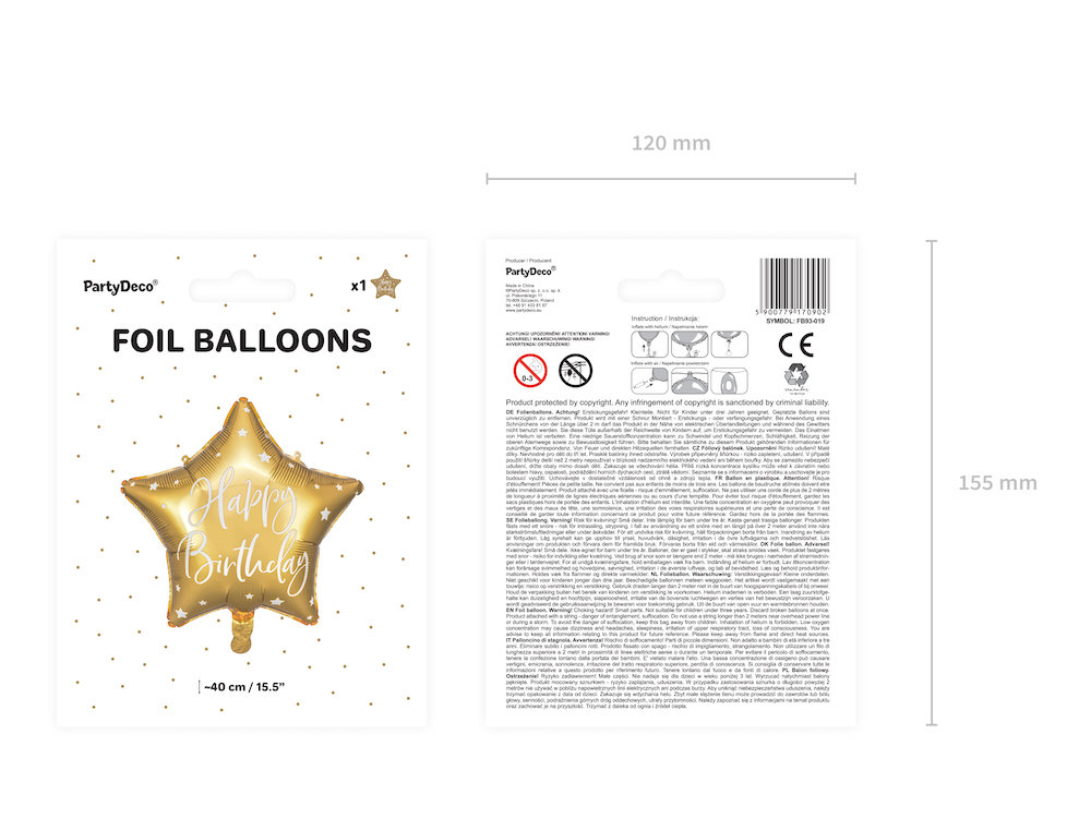 Folienballon Happy Birthday, 40cm, gold, Stern, 1 Stück