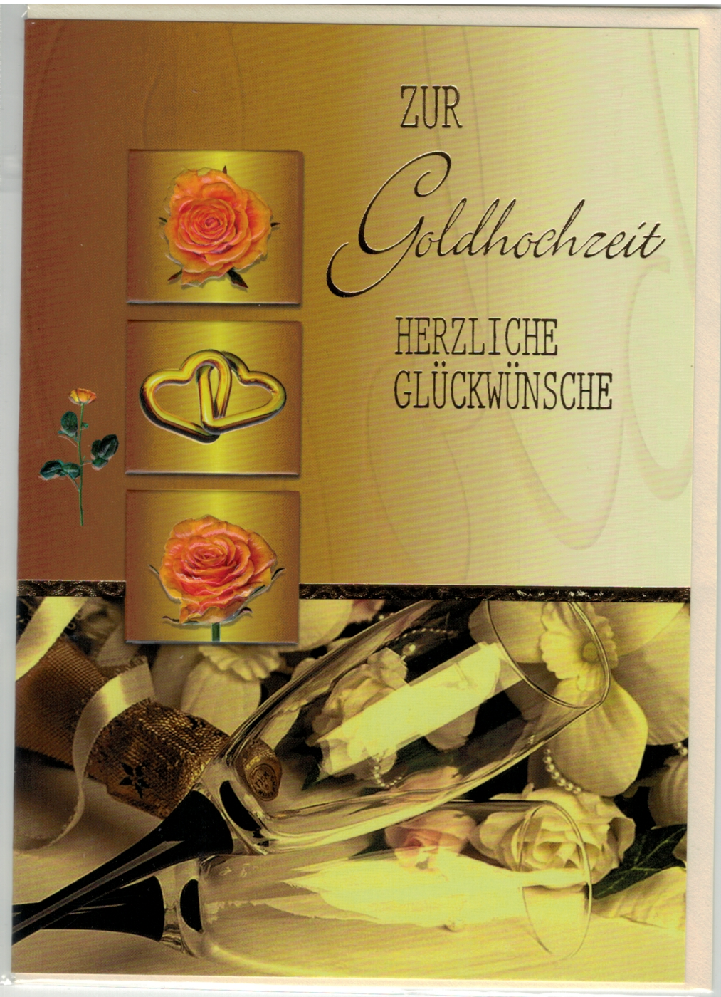Glückwunschkarte mit Umschlag  "Goldhochzeit"  mit Gläsern und lachsfarbenen Rosen