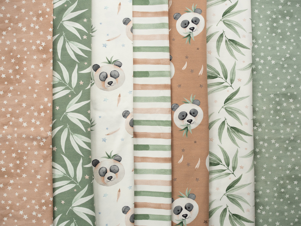 Panda, Jersey Baumwolle Streifen, naturweiß/camel/grün, Meterware (10cm)