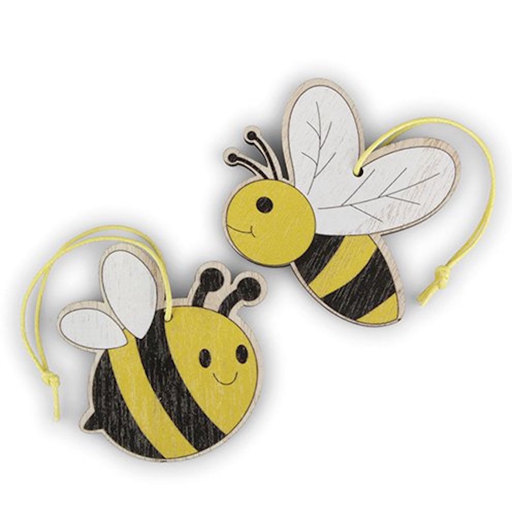Hänger Holz, Bienen, 6-6,5 x 5,5-6 cm / 12 cm, 2-fach sortiert, gelb schwarz weiß, 2 Stück