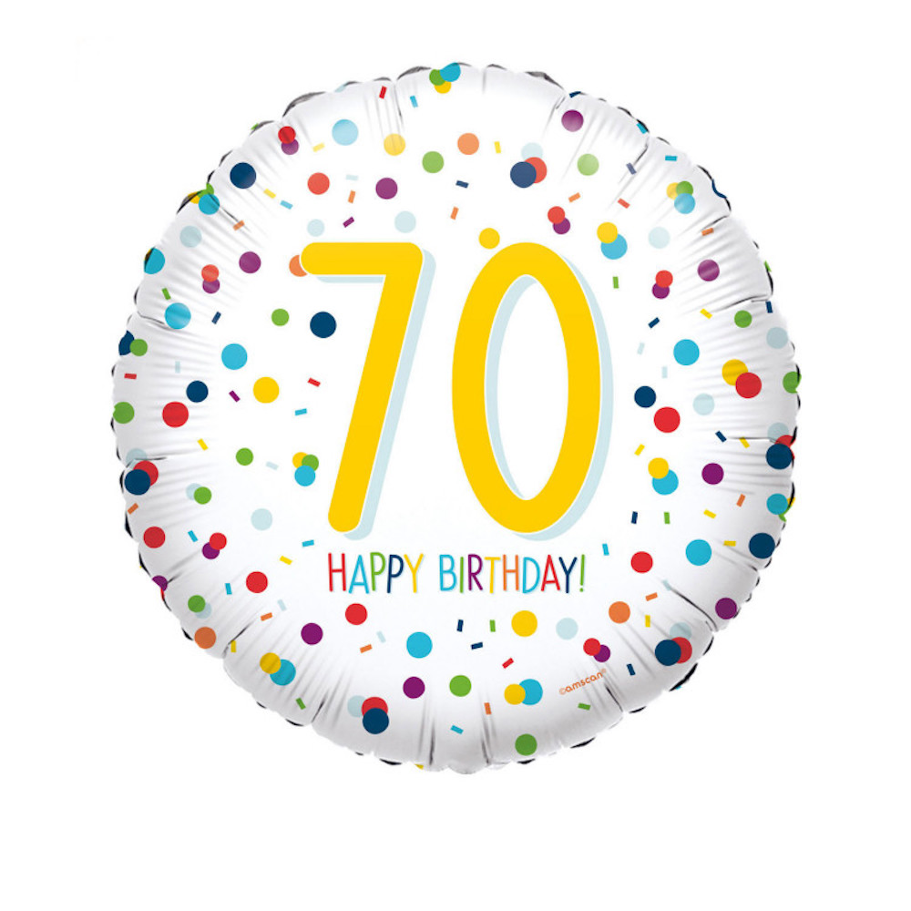 Folienballon rund - Zahl 70 - Konfetti Happy Birthday