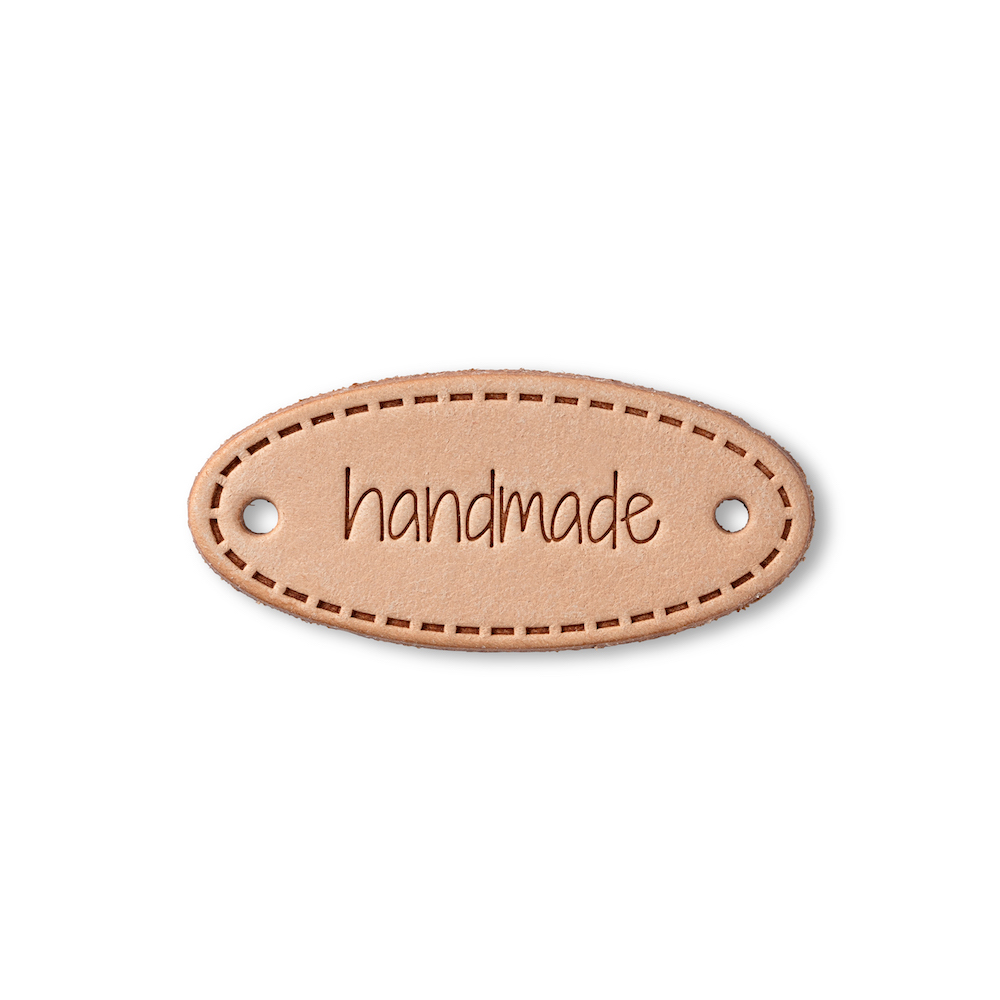 Applikation "handmade" Label oval, natur, Echtleder, 1 Stück