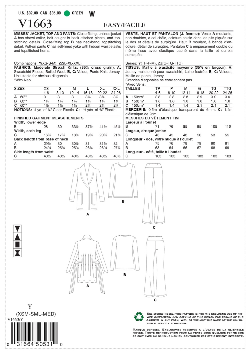 Vogue® Patterns Papierschnittmuster Damen Jacke & Hose V1663