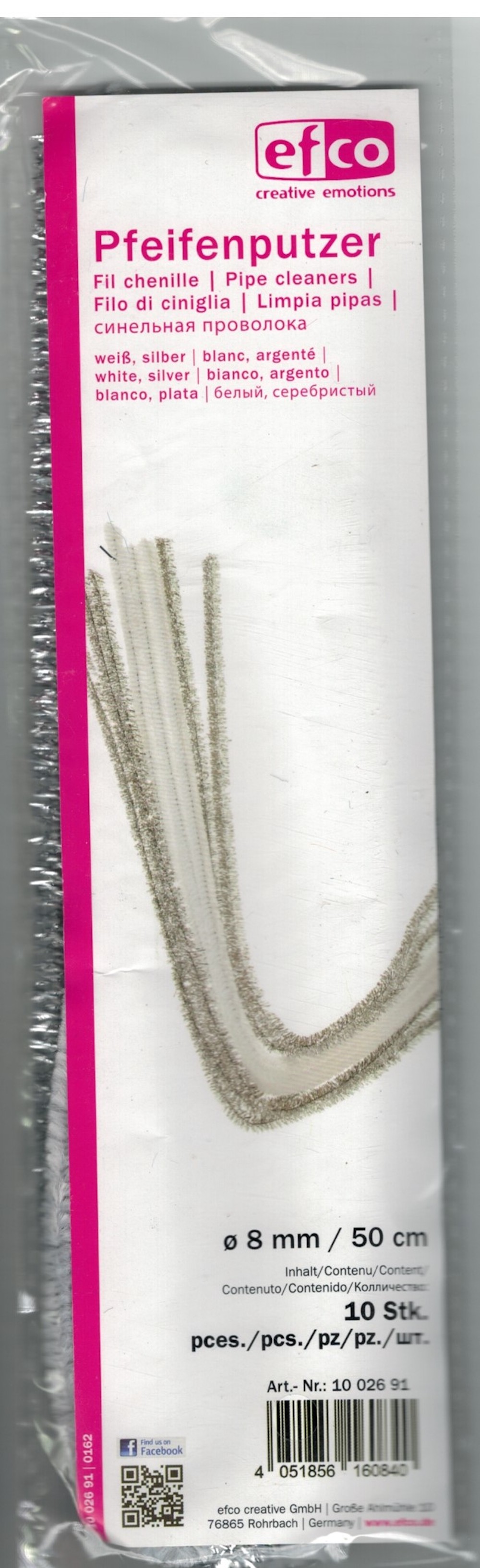 Chenilledraht, ø 8mm, 10 Stk., 50cm, weiß-silber