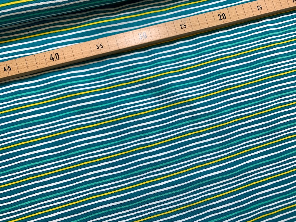 Baumwolljersey - Puffin Stripe - türkis/weiß/gelb - Meterware (10cm)