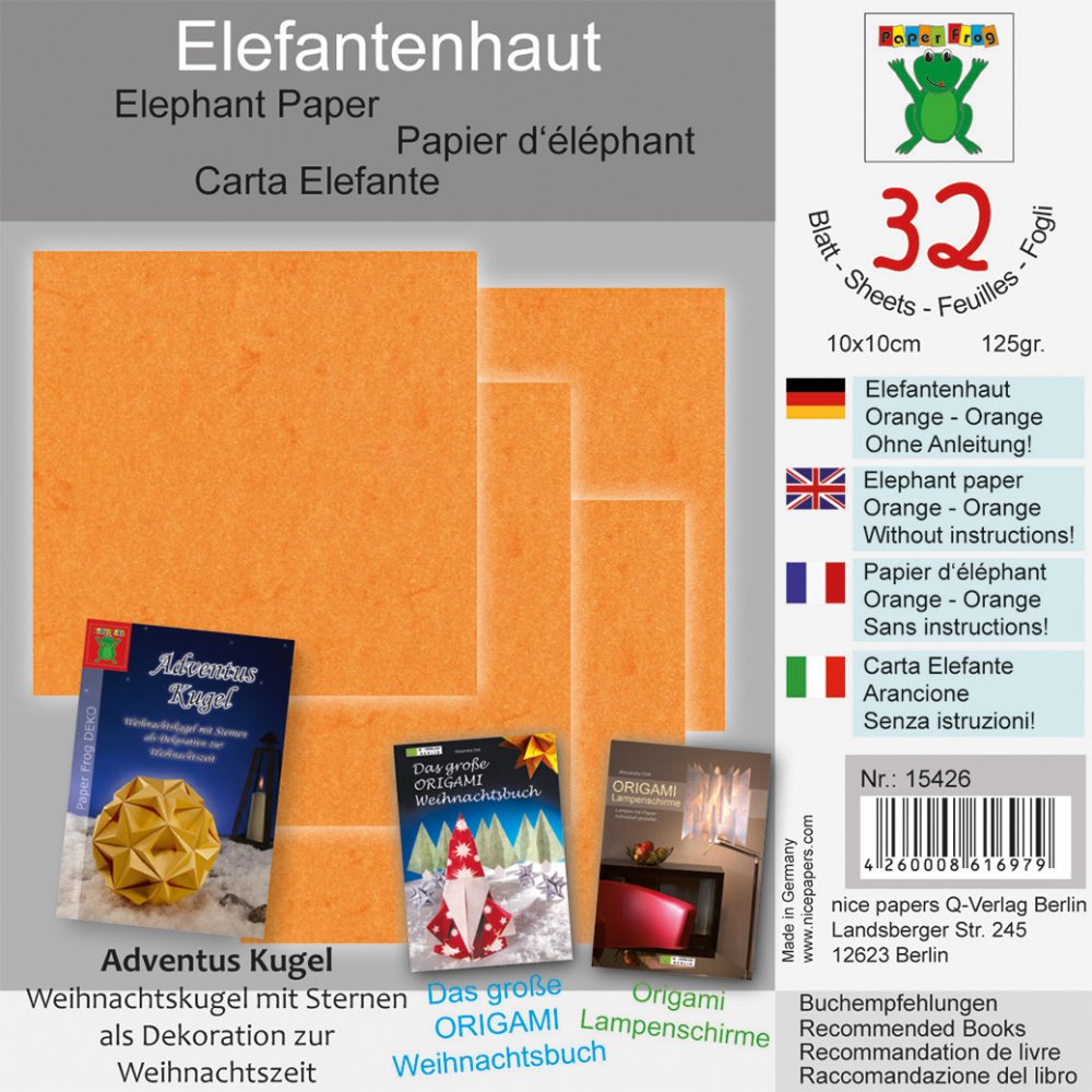 Elefantenhaut-Papier 15x15cm, 32 Blatt/125 g/m², orange