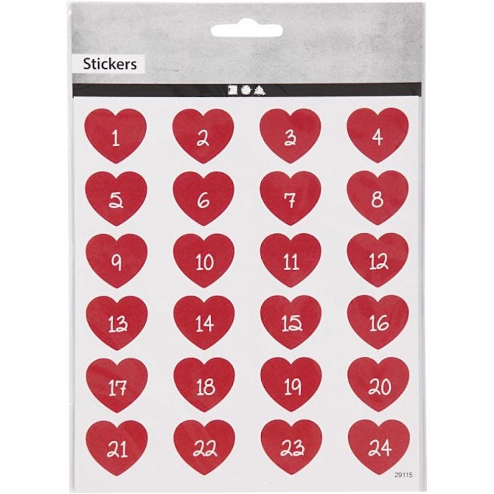 Sticker, 1-24 Herzen rot, 15x16,5 cm, 1 Bl.