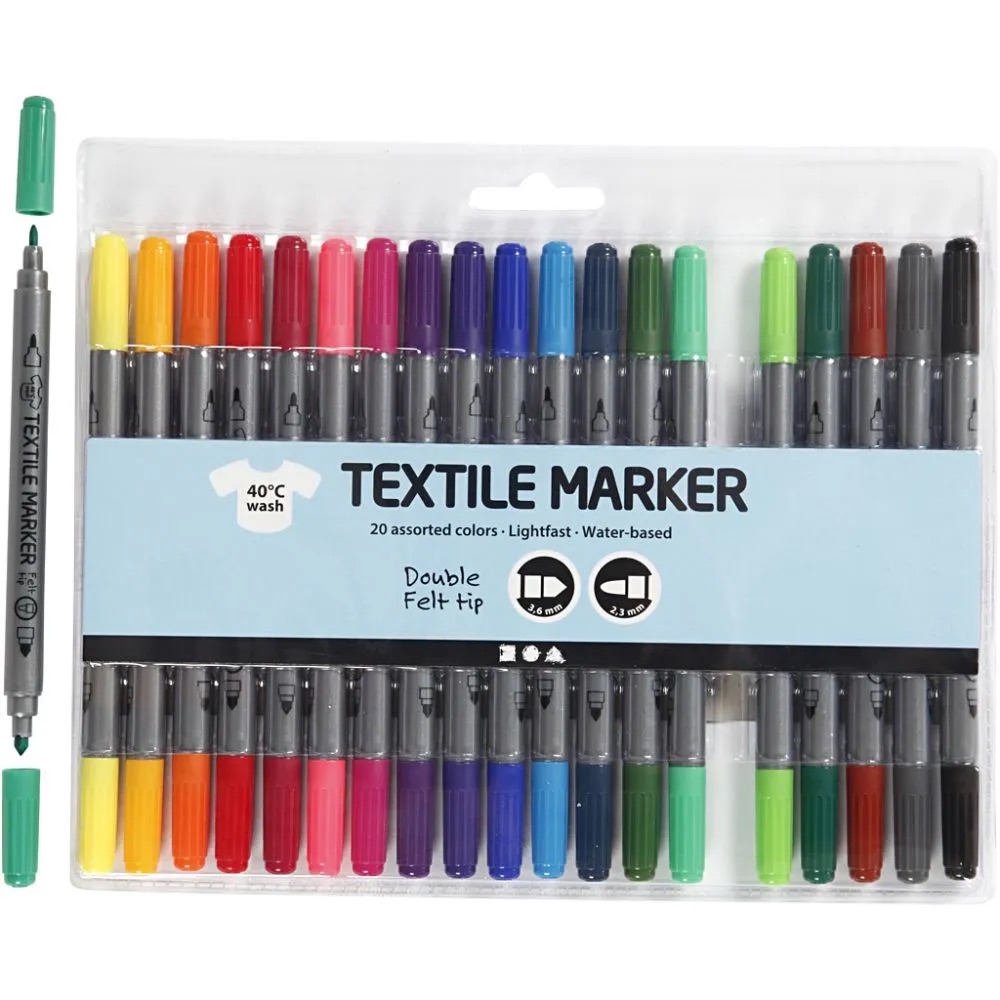 Textil Marker, Strichstärke 2,3+3,6 mm, Standard Farben, 20 Stk.