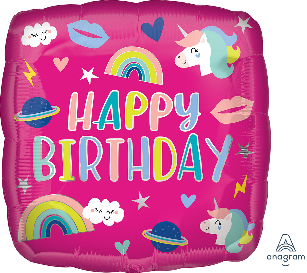 Folienballon eckig - Happy Birthday Einhorn - 43cm