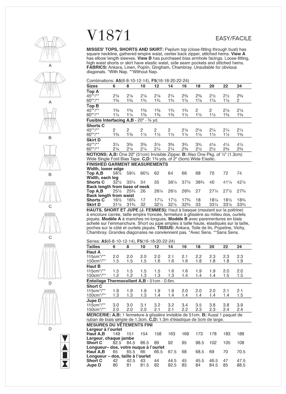 Vogue® Papierschnittmuster Damen - Tops, Shorts & Rock - V1871
