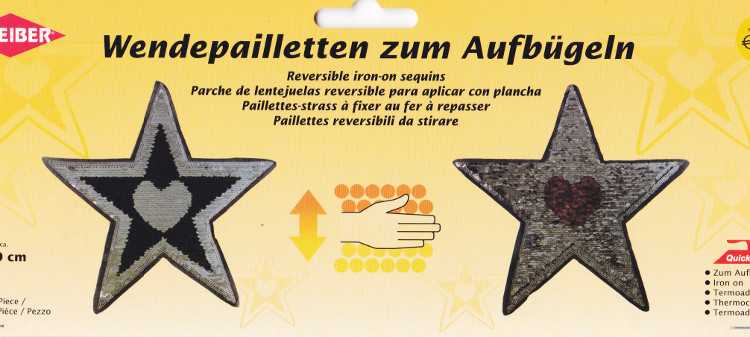 Applikation groß - aufbügelbar Wendepailletten Stern schwarz/silber  ca. 29 x 29 cm, 1 Stck.   