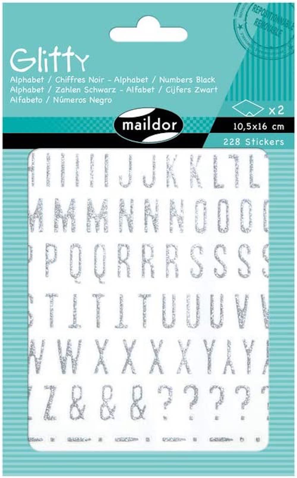 Maildor, Sticker Glitty, A6, 2 Bogen 10,5x16 cm, Alphabet/Ziffern, 228 Sticker
