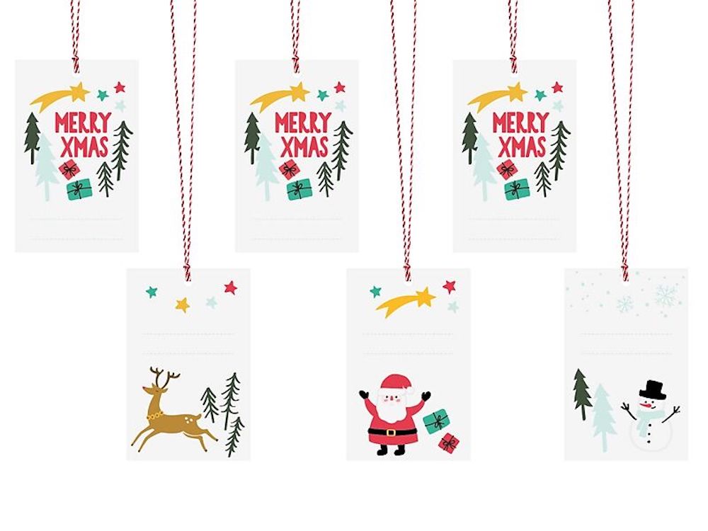 6 Geschenkanhänger mit Band - Merry Xmas - Weihnachtsmann rot/weiß