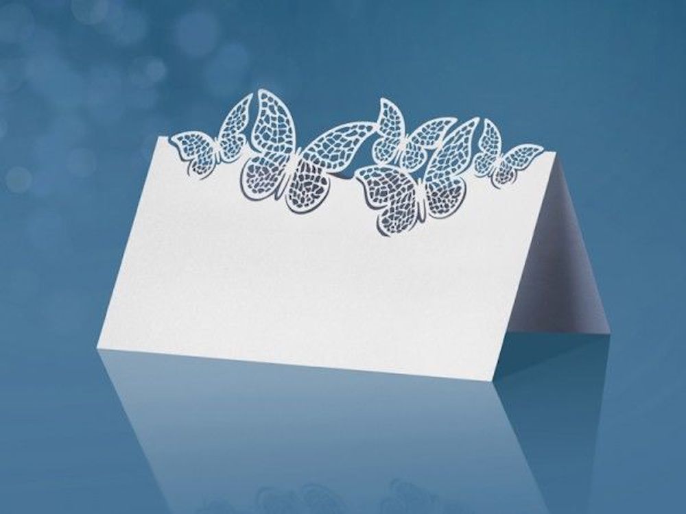 Tischkarten mit Schmetterlinge, 9x6cm, 10 Stück, Perlmutt-weiß