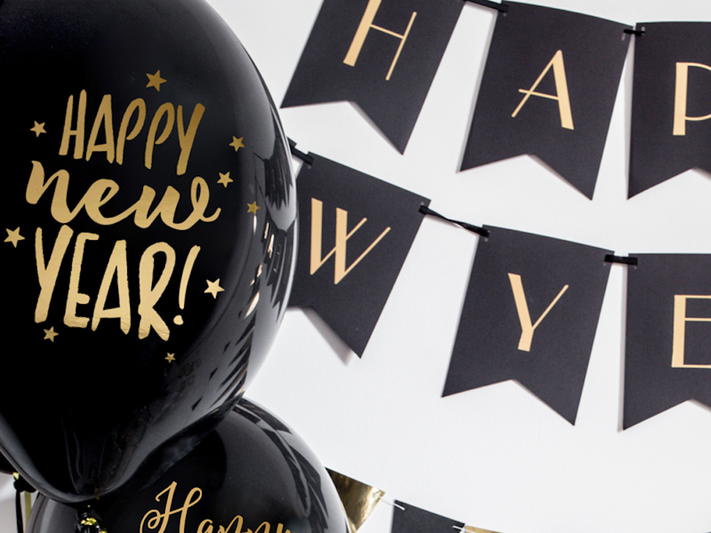 6 Latexballons - Happy New Year schwarz/gold - 30cm