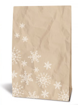 Geschenktüte, Kraftpapier braun, weiße Schneeflocken, 12 x 19 x 6 cm