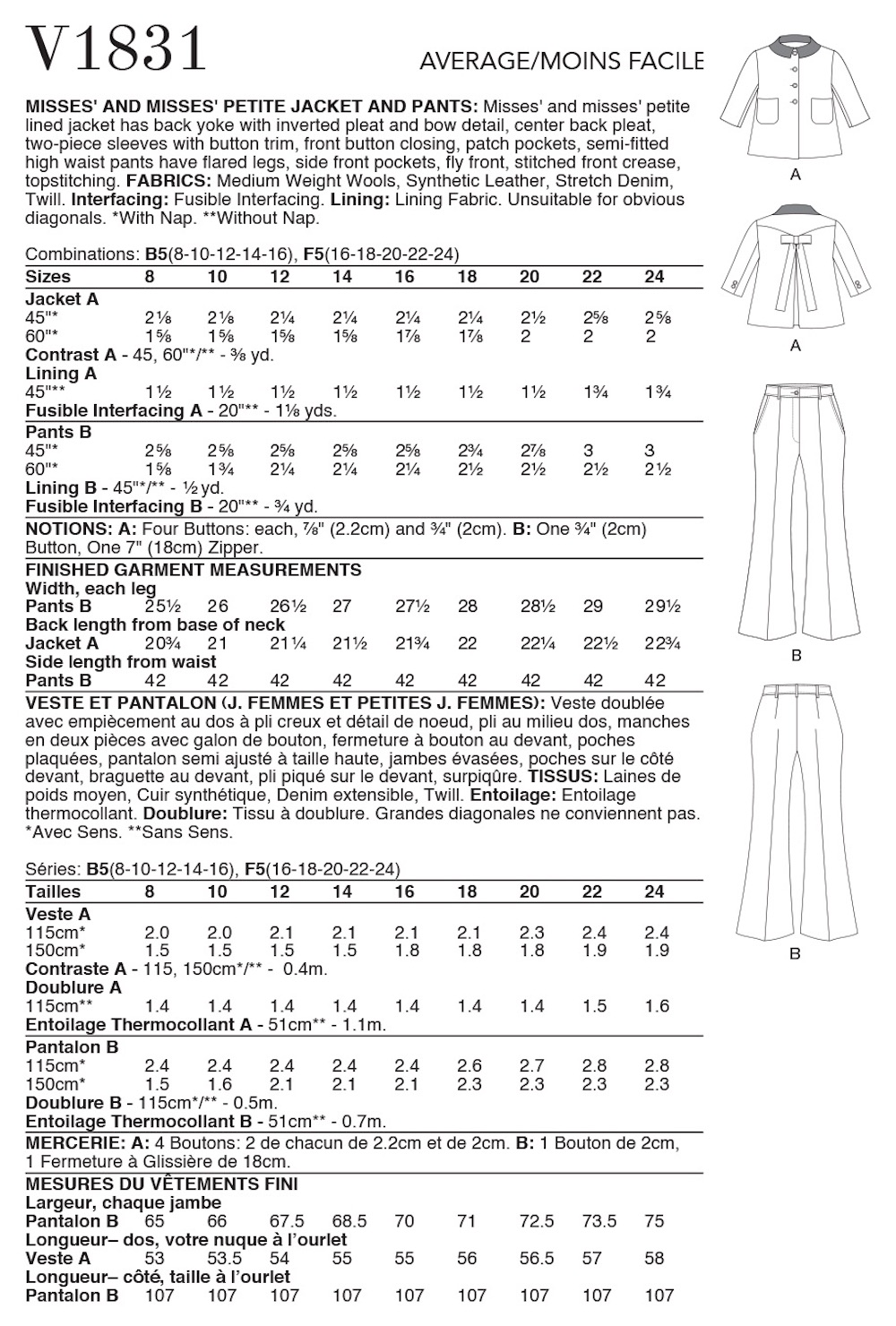 Vogue® Patterns Papierschnittmuster Damen - Jacke & Hose - V1831
