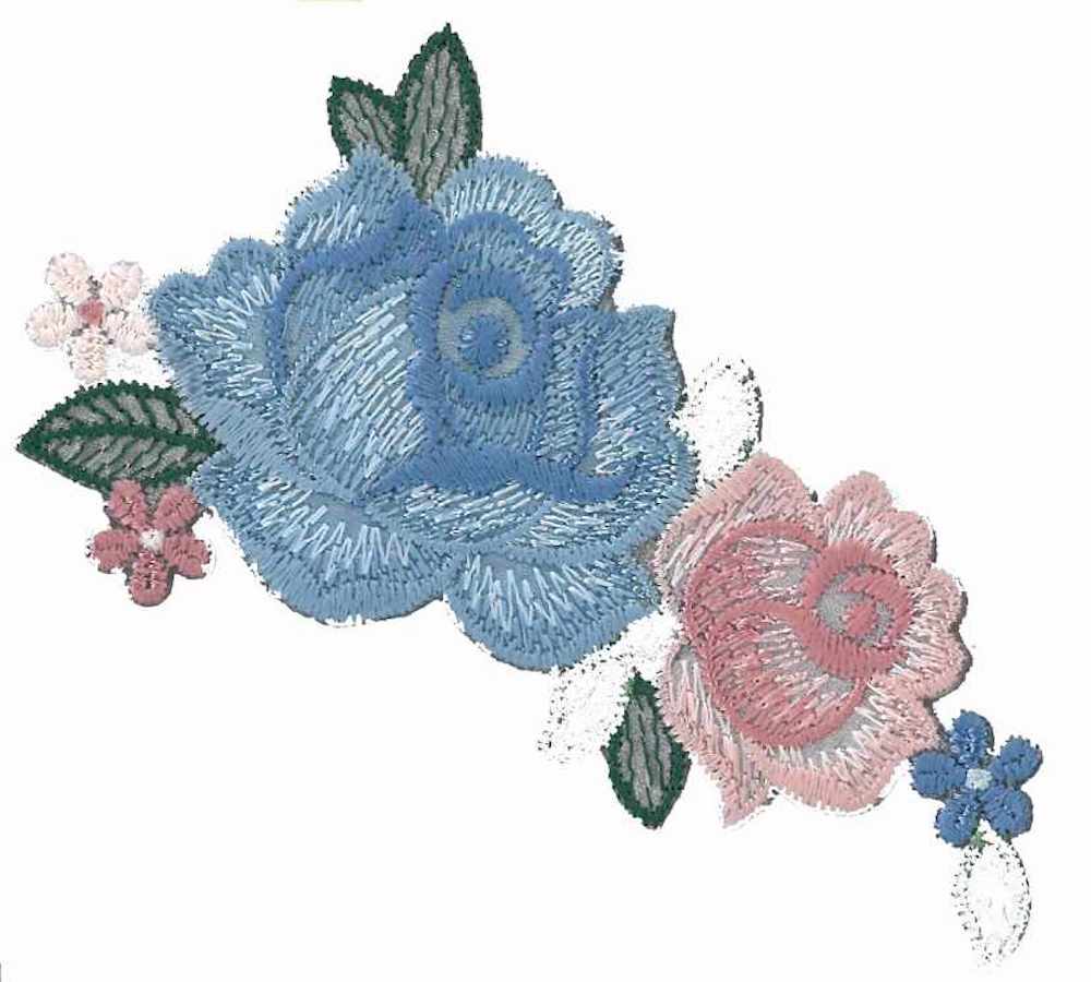 Applikation - aufbügelbar, Rosenstrauß groß blau-rosa, 11x6cm, 1 Stück