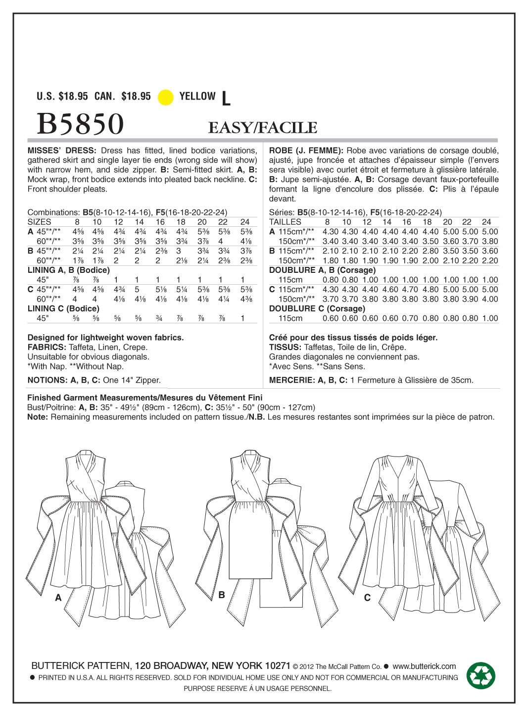 Butterick® Papierschnittmuster  verschiedene Kleiderformen Wickelkleid Damen B5850