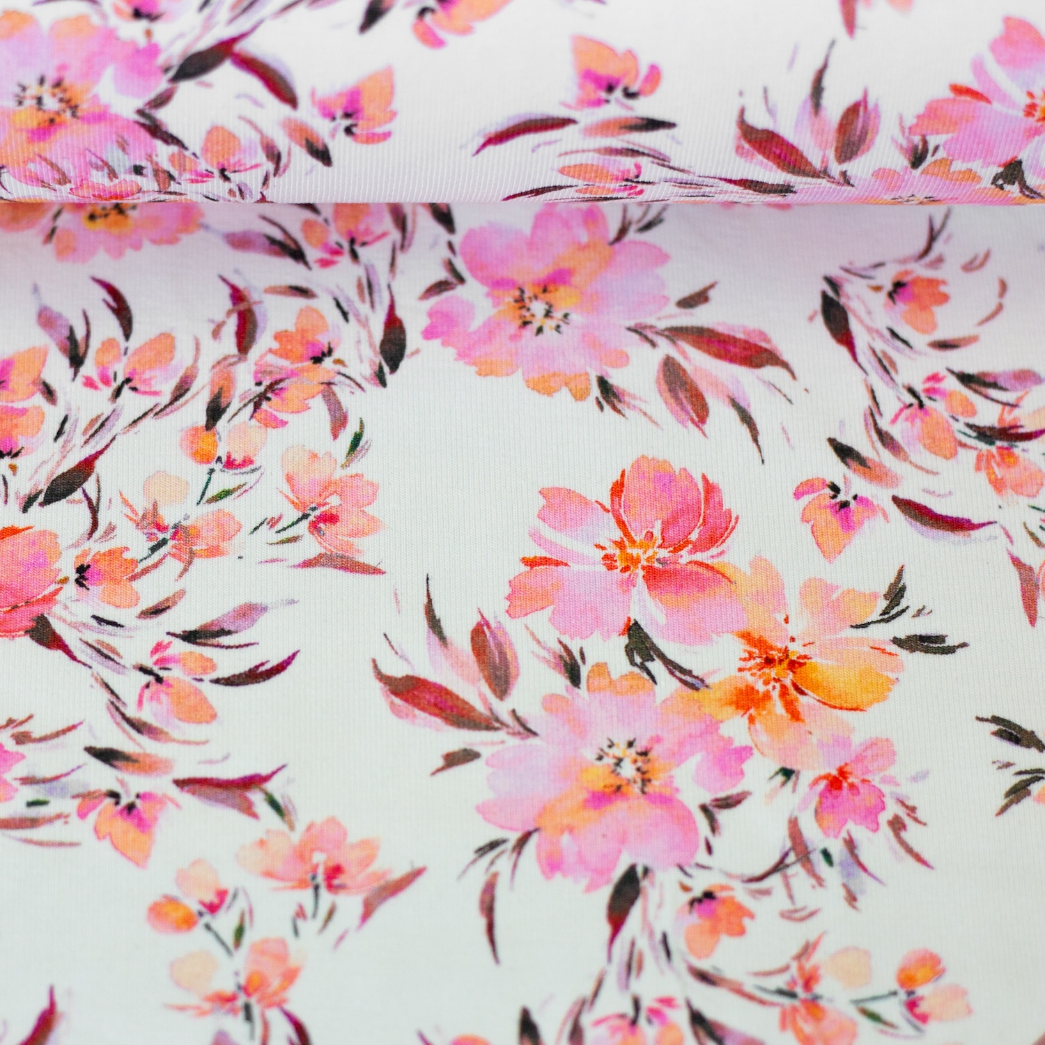 Baumwolljersey Jona -  Blumen, groß, rosa/apricot/weiß - Meterware (0,50m)