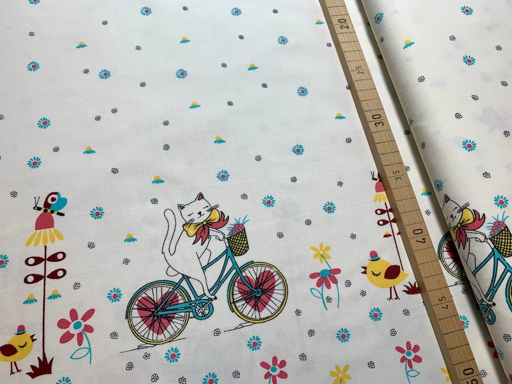 Jersey - Panel Bordüre Katze auf Fahrrad - Meterware (10cm)