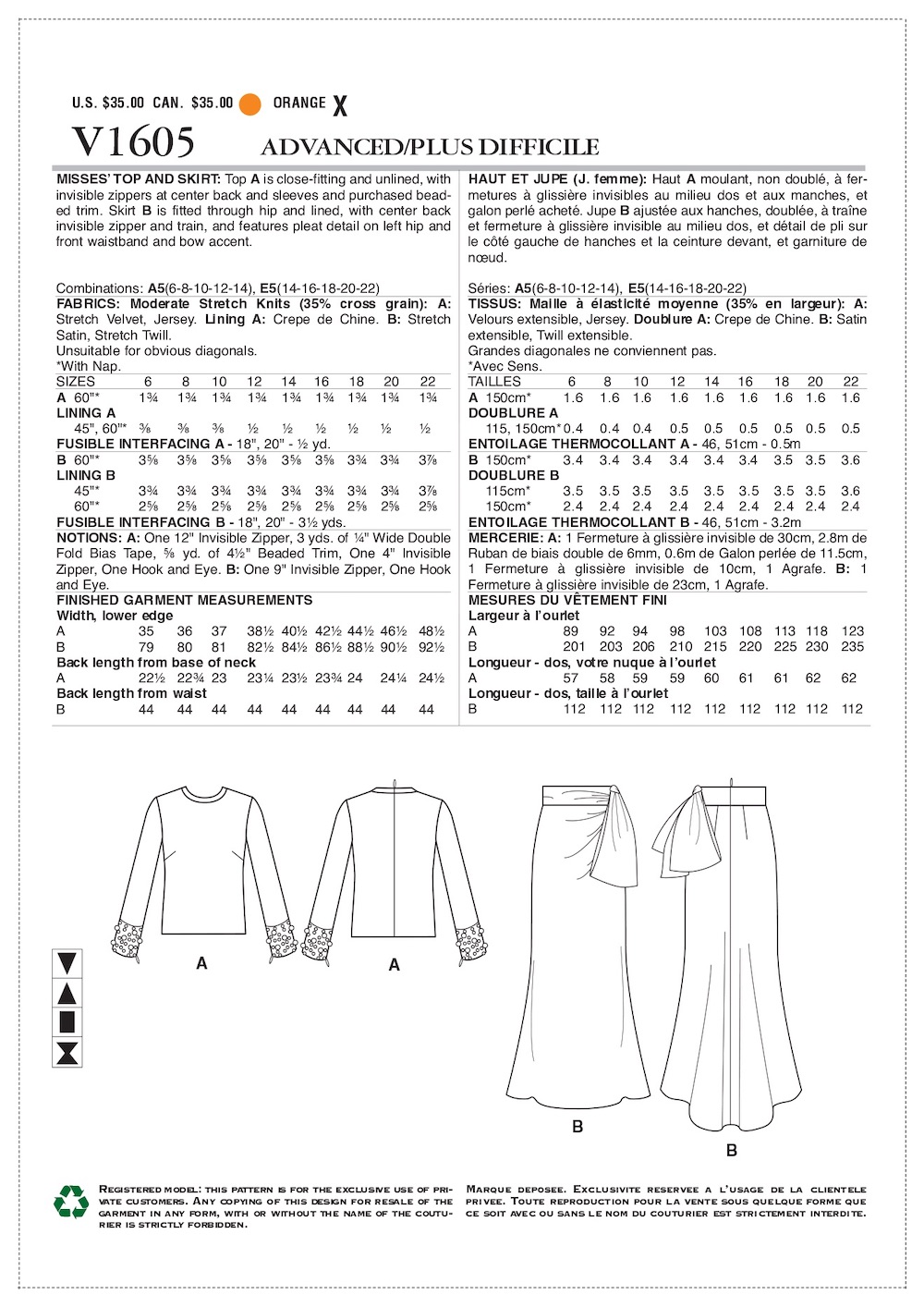 Vogue® Patterns Papierschnittmuster Damen Oberteil & Rock V1605 (Badgley Mischka)