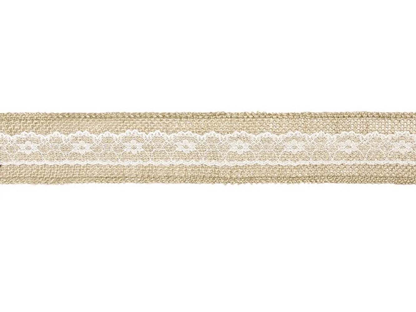 Juteband mit weißer Spitze in der Mitte schmal, Breite ca. 5 cm, Länge ca. 5 m