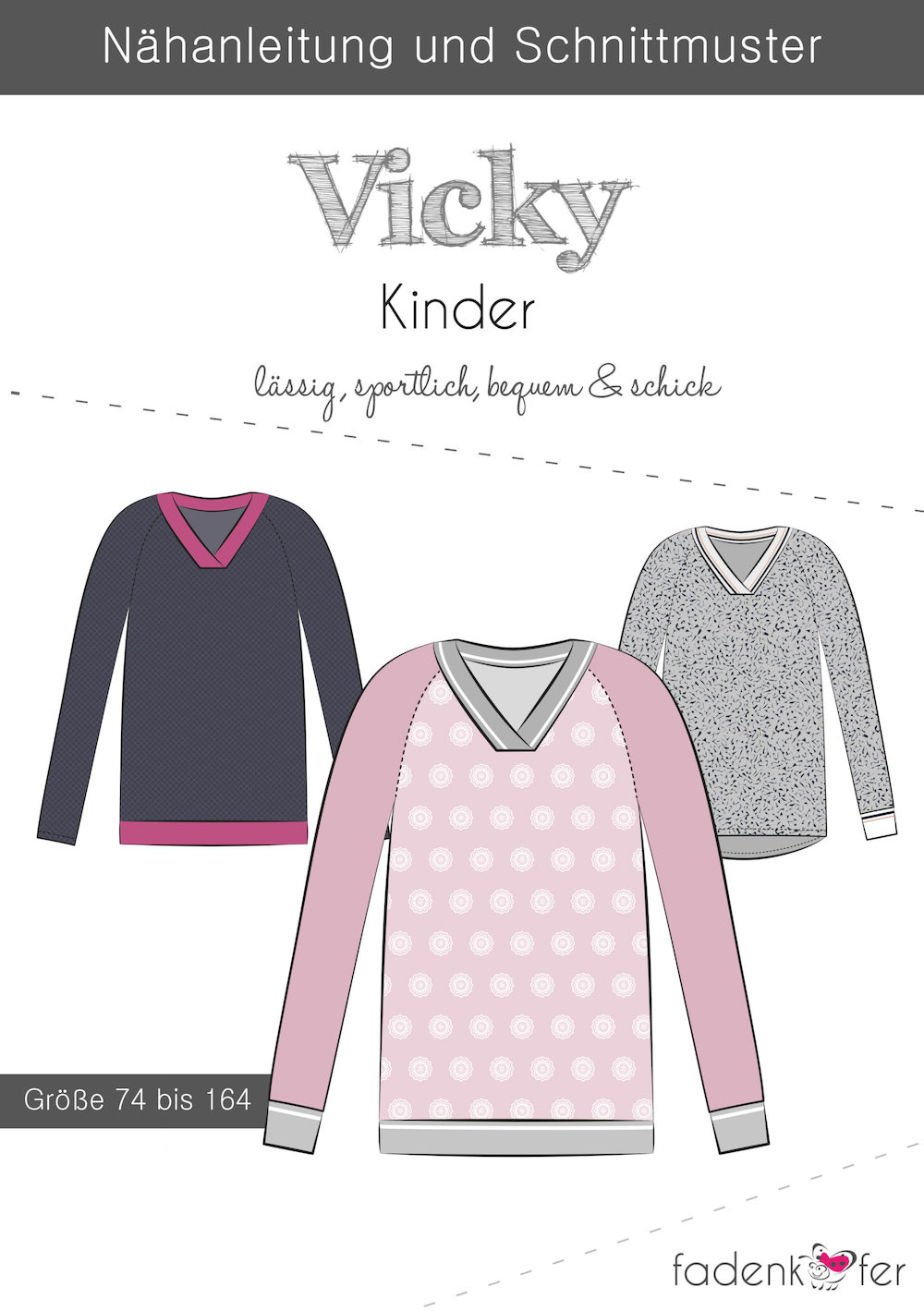 Papierschnittmuster Shirt Vicky Kinder - Gr. 74-164 - Nähanleitung und Schnittmuster von Fadenkäfer 
