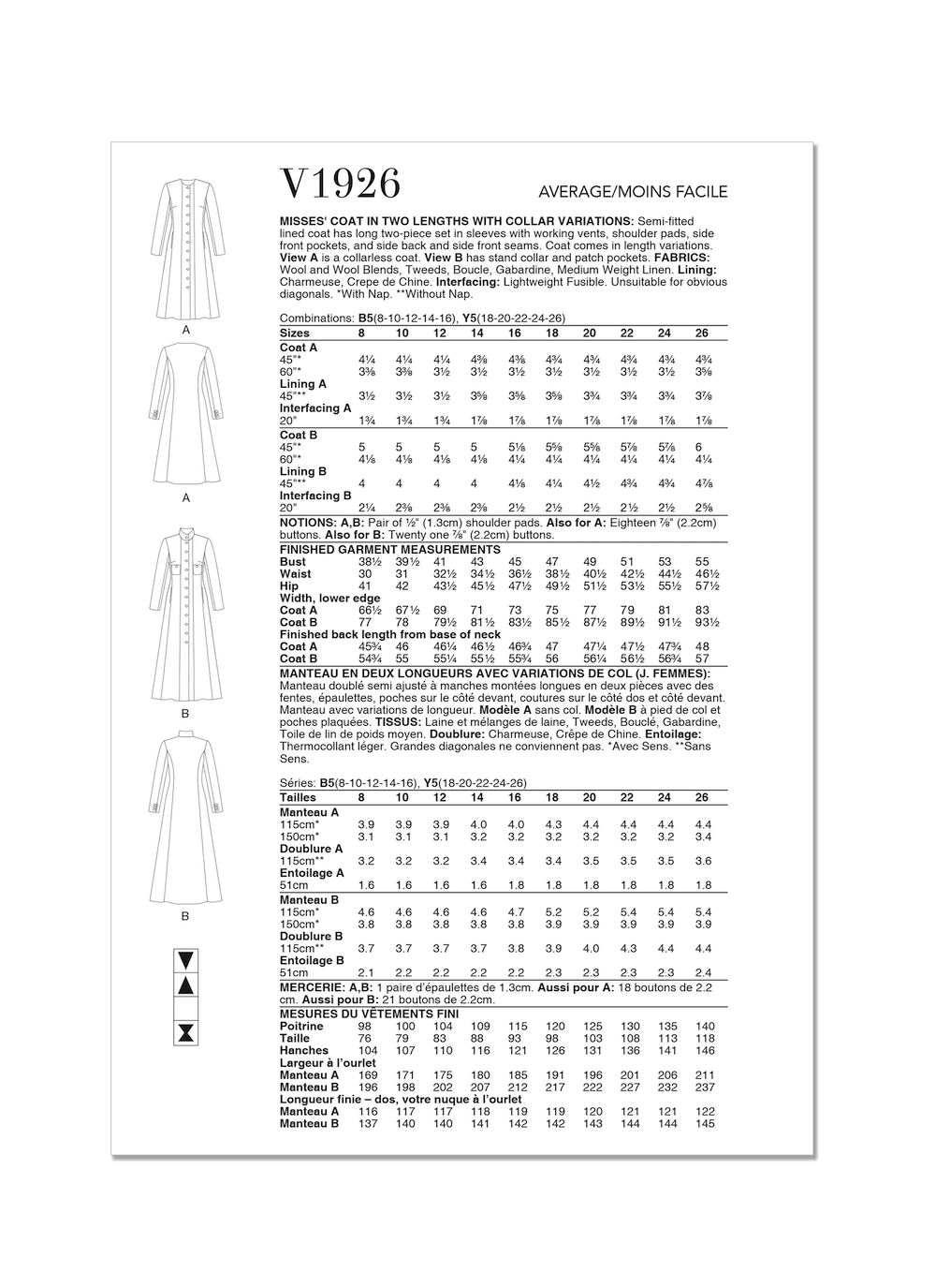 Vogue® Patterns Papierschnittmuster Damen Mantel in verschiedenen Längen V1926