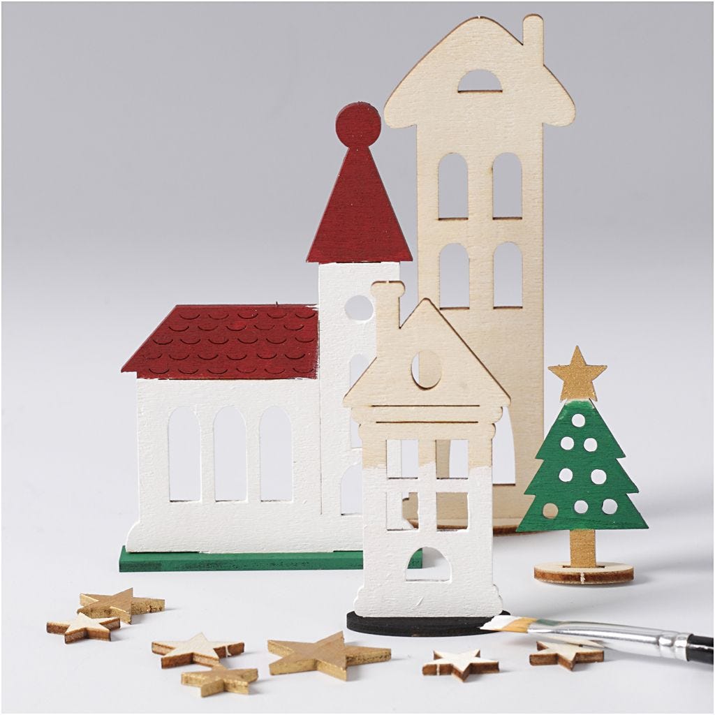 Zusammensteckbare Holzfiguren, Weihnachtliche Stadt, L: 20 cm, B: 17 cm, 1 Pck