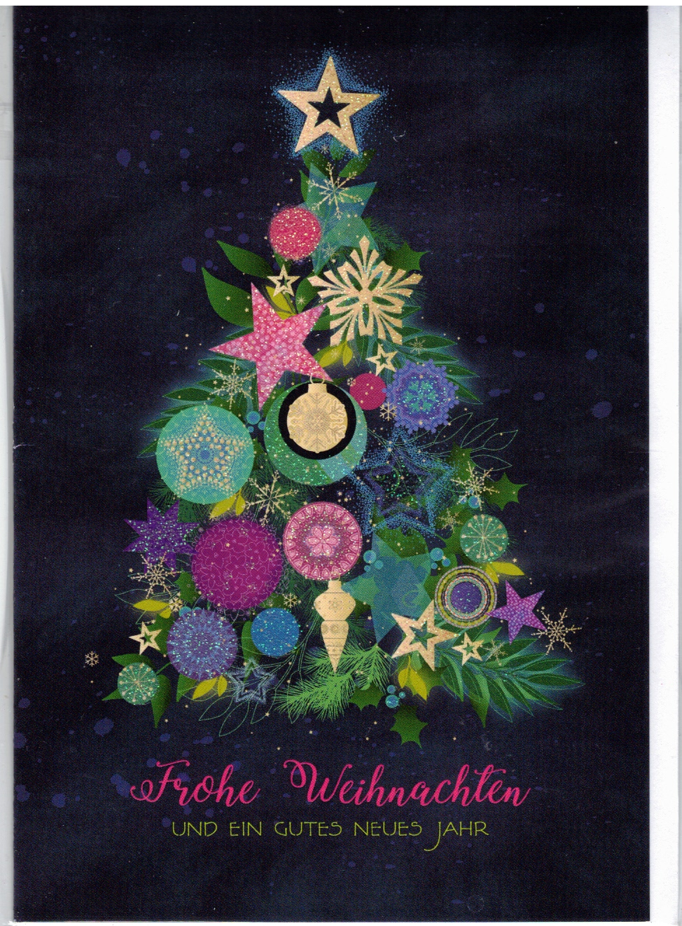 Weihnachtskarte mit Umschlag, blau mit buntem Tannenbaum
