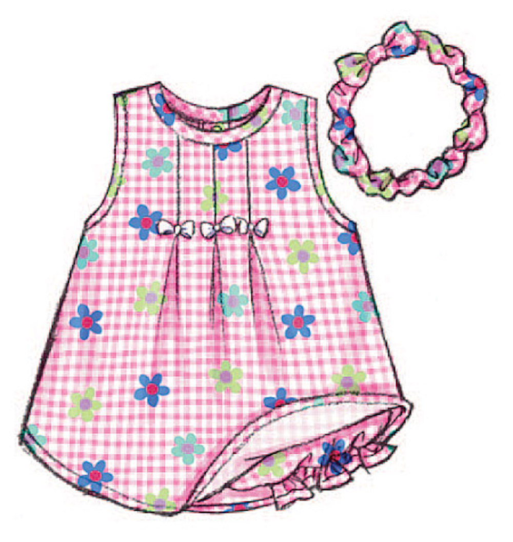 Butterick® Papierschnittmuster Baby Kleid/Hut/Anzug/Haarband B3405