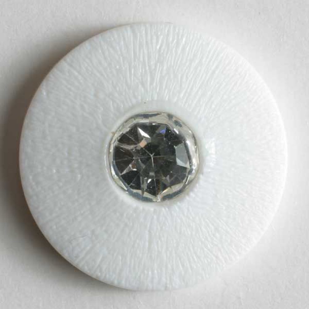 Knopf mit gehämmerter Oberfläche und kleinem Straßstein, Öse - Größe: 14mm - Farbe: weiß, 1 Stück