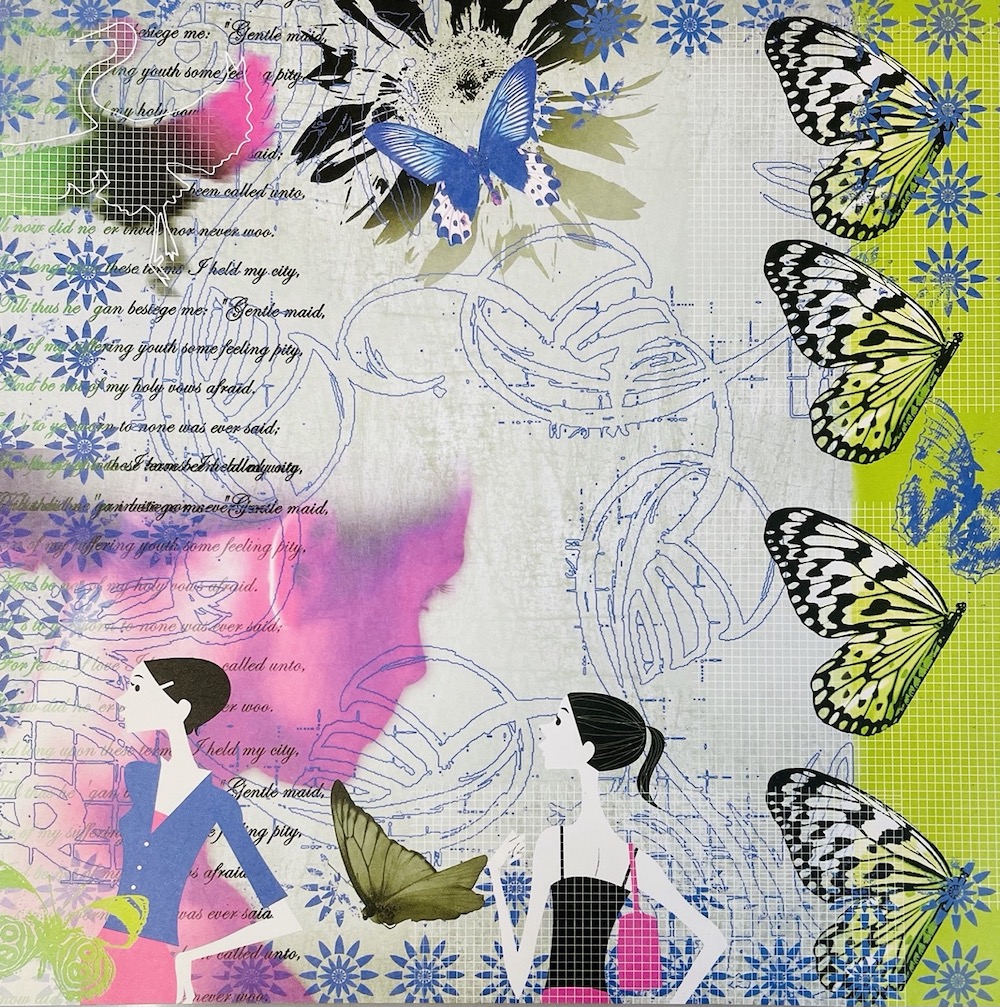 Scrapbooking Papier Mädchen Schmetterling Jugend Schrift lila - 1 Blatt 