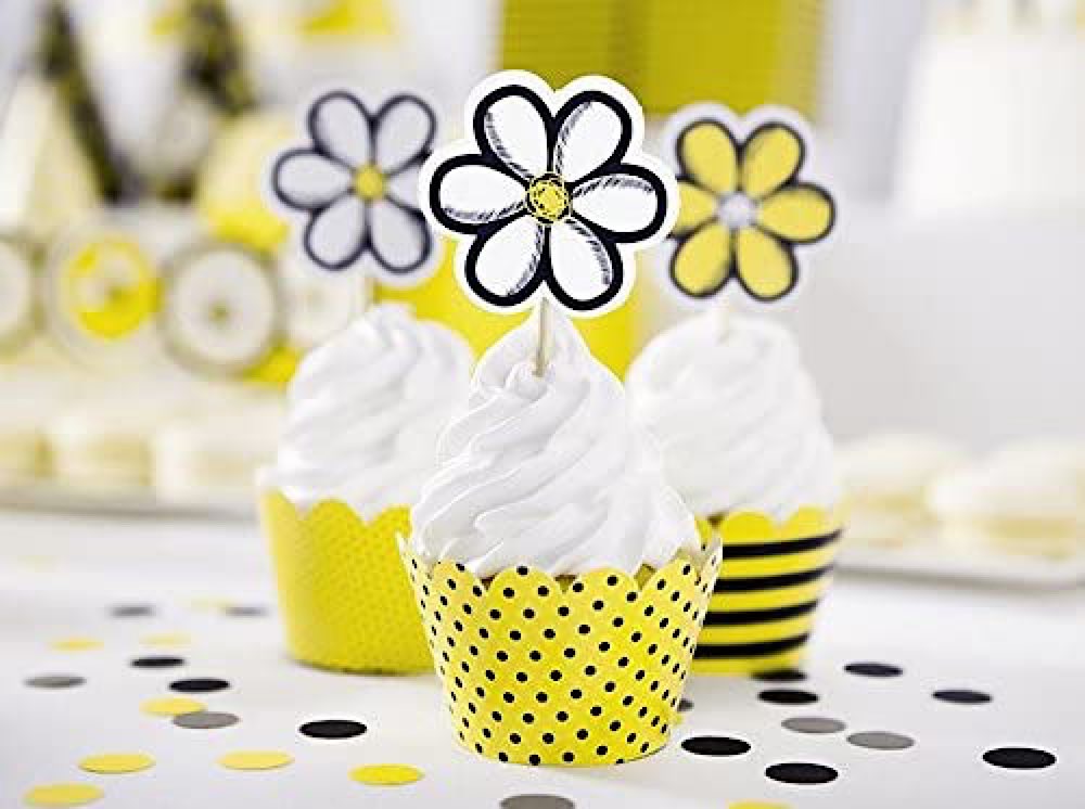 Cupcake Topper - Blume, gelb/weiß, 6 Stück 