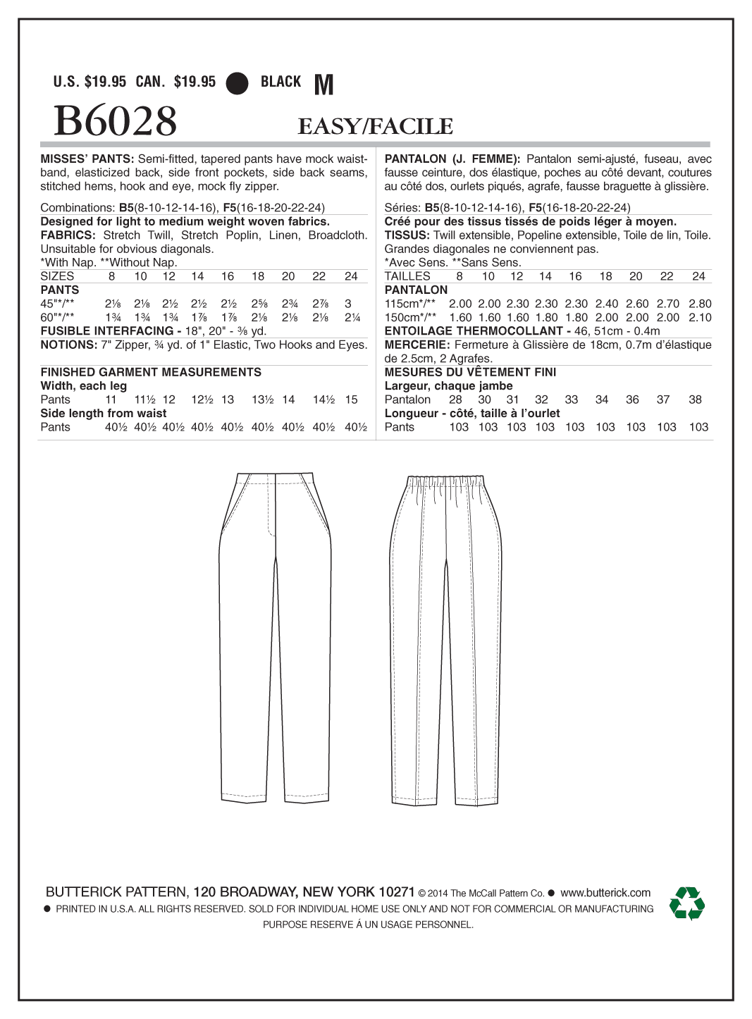Butterick® Papierschnittmuster Hosen Damen B6028
