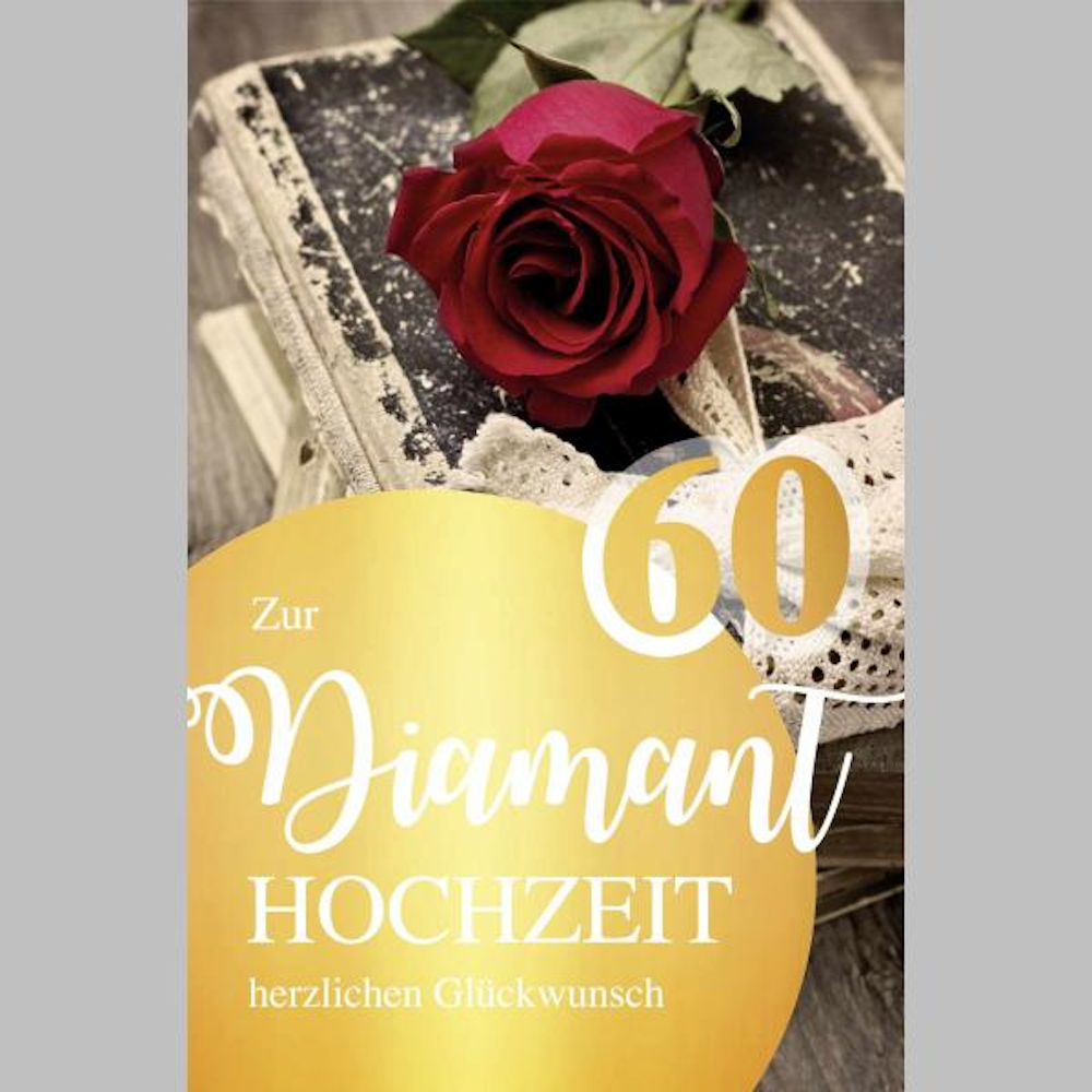 Glückwunschkarte mit Umschlag  "Zur Diamanthochzeit" altes Buch mit roter Rose