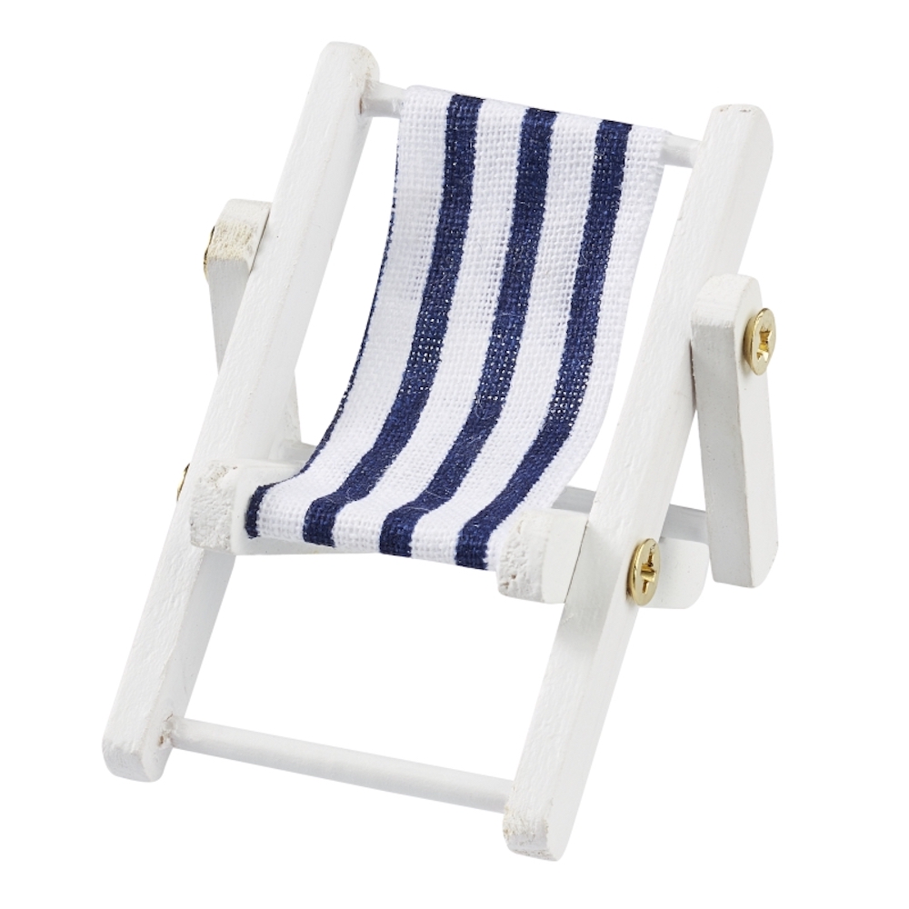 Miniliegestuhl, 5 x 3,5 cm, blau/weiß, Holzgestell weiß