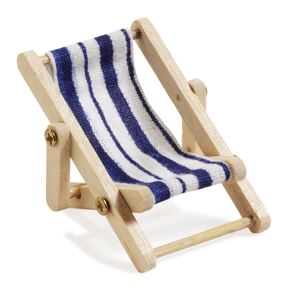 Miniliegestuhl, 5 x 3,5 cm, blau/weiß, Holzgestell natur 